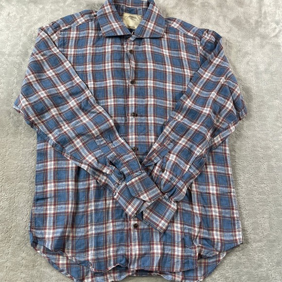 Maurizio Baldassari Brera Shirt Mens Large Blue Plaid Linen Italy Luxury Resort